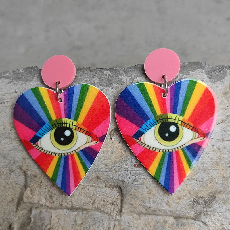 Wholesale 2 Pairs/Pack Heart Shape Eyes Rainbow Retro Disco Ball Acrylic Earrings
