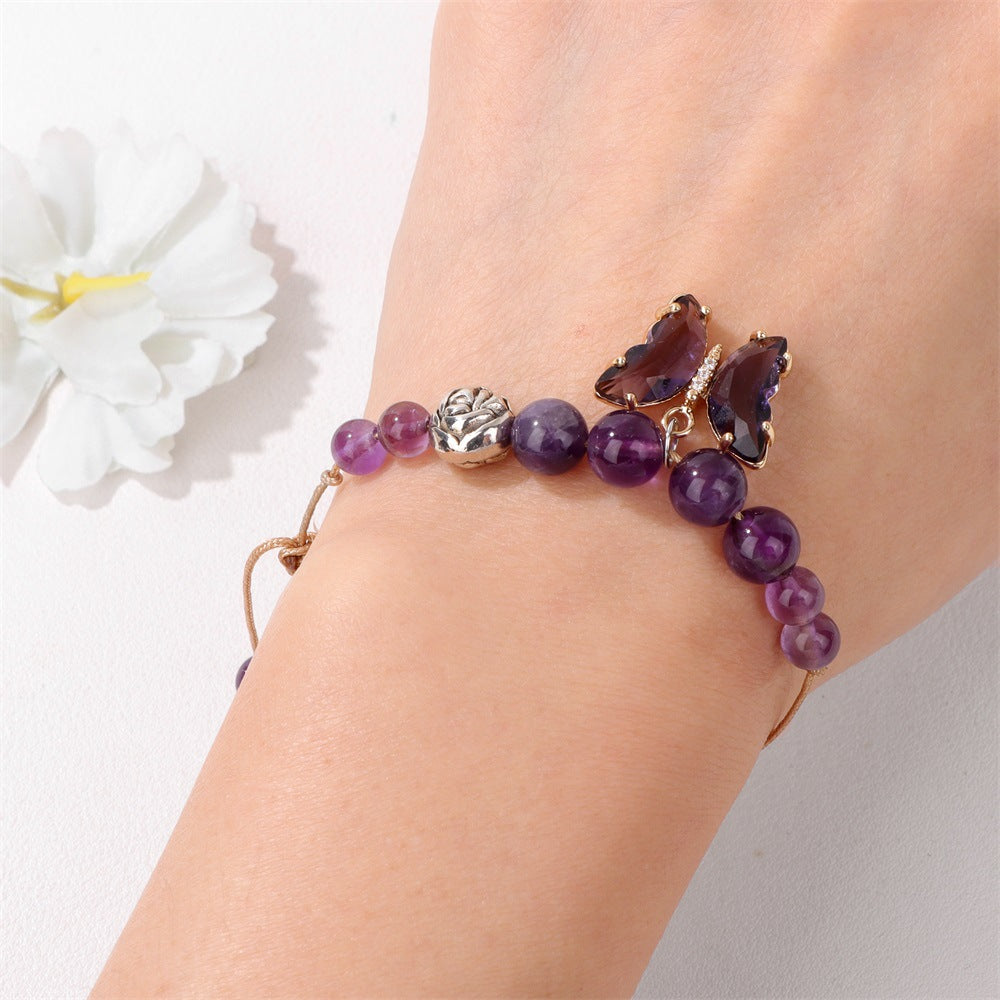 Wholesale Natural Stone Amethyst Butterfly Pendant Handwoven Bracelet