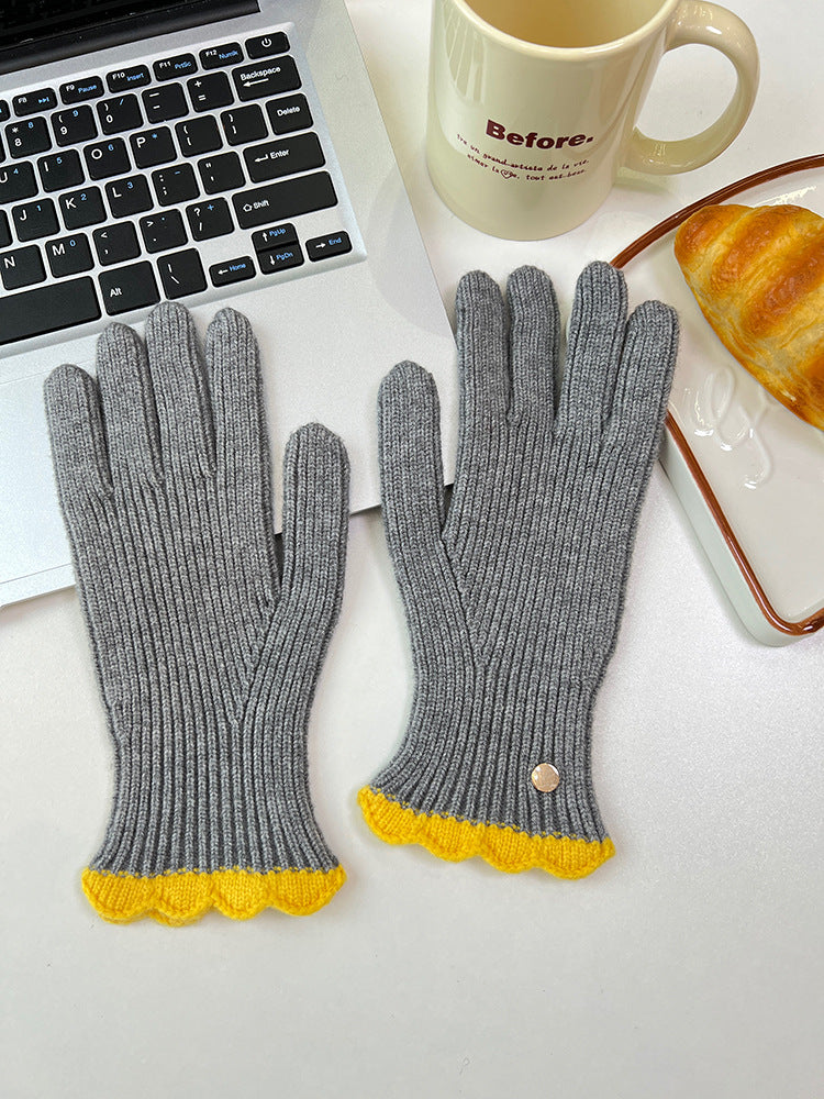 Wholesale Winter Warm Knitted Five-finger Touch Screen Lace Contrasting Color Woolen Gloves