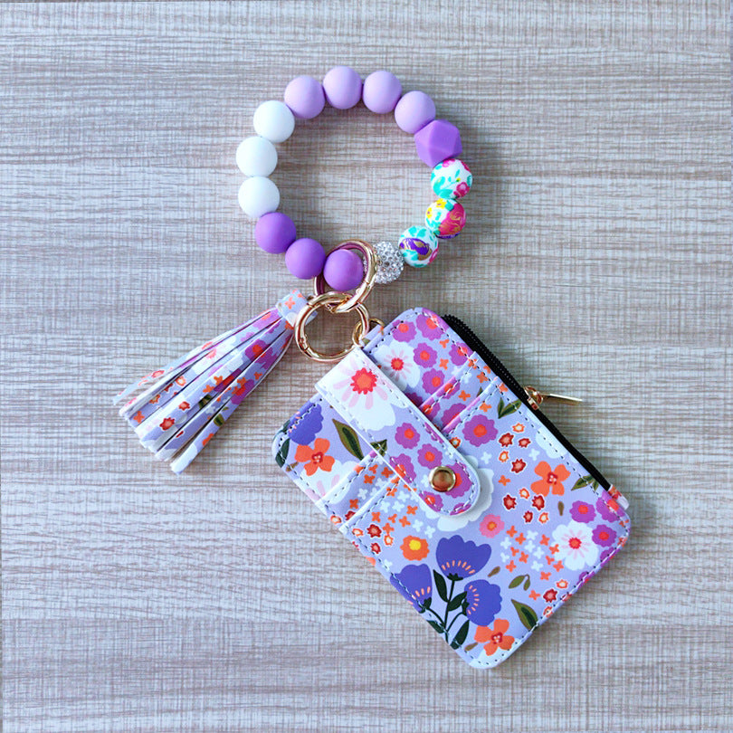 Wholesale  Bracelet Keychain Card Bag Pu Flower Wallet Keychains