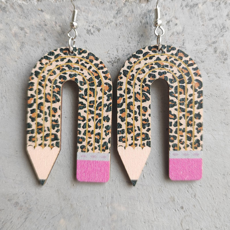Wholesale leopard print pencil teacher wooden earrings