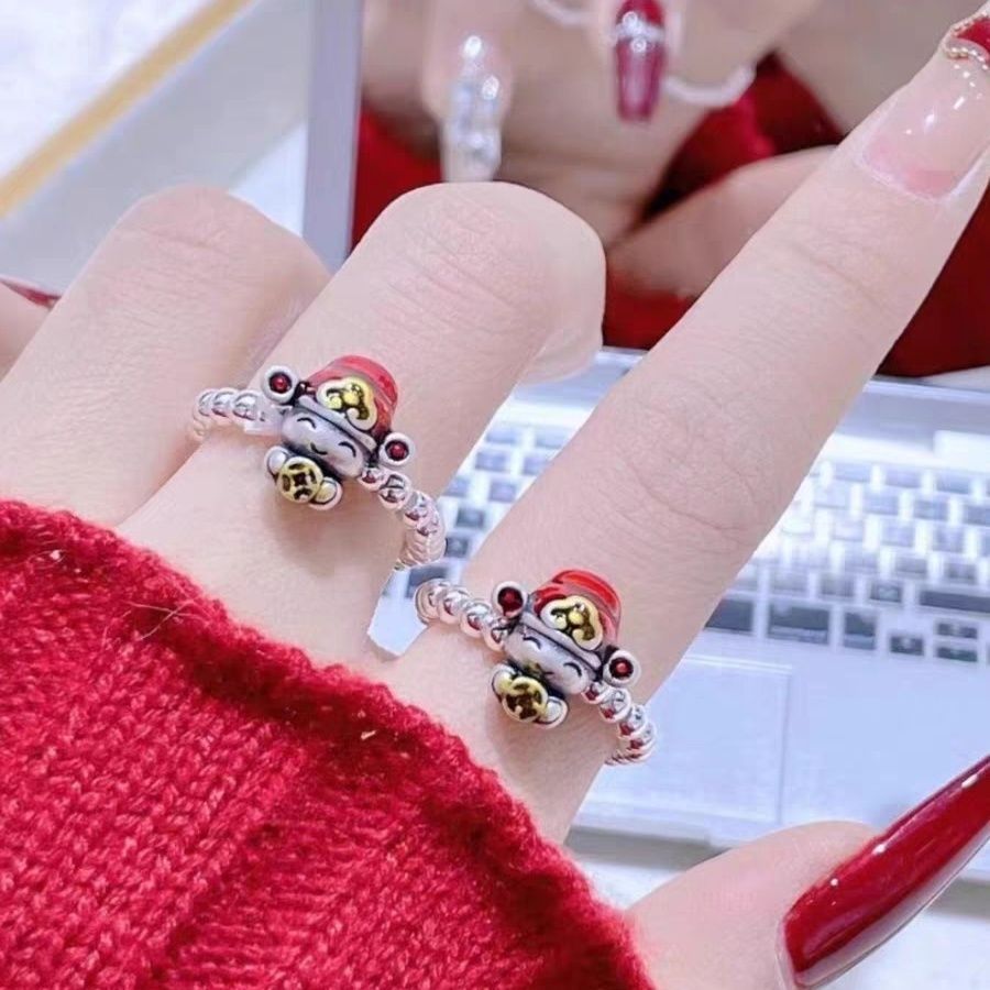 Wholesale Sterling Silver Gold Coin Small God of Wealth This Life Lucid Transfer Ring Hand-woven Chinese Style Tanabata Girlfriend Gift