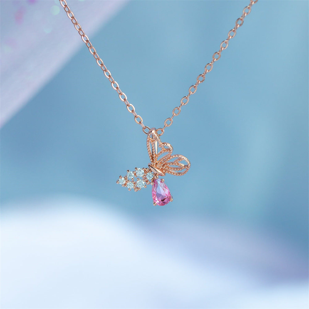 Wholesale Pink Hollow Zircon Butterfly Necklaces