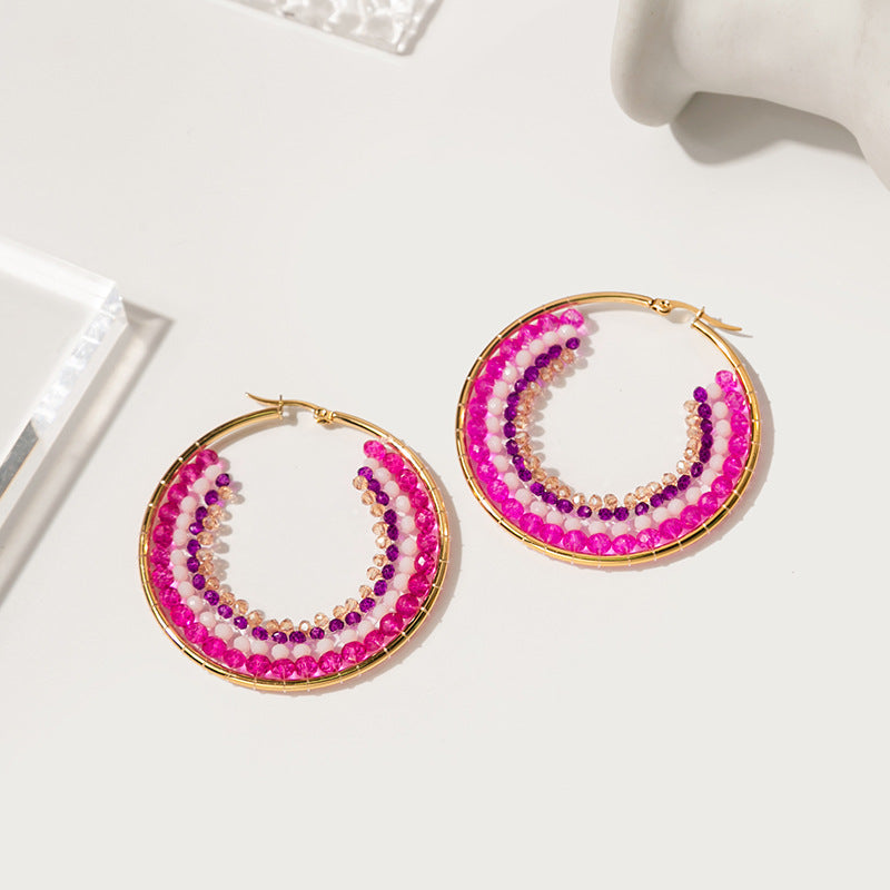 Wholesale Geometric Circle Hand Stitching Pearls Stainless Steel Earrings