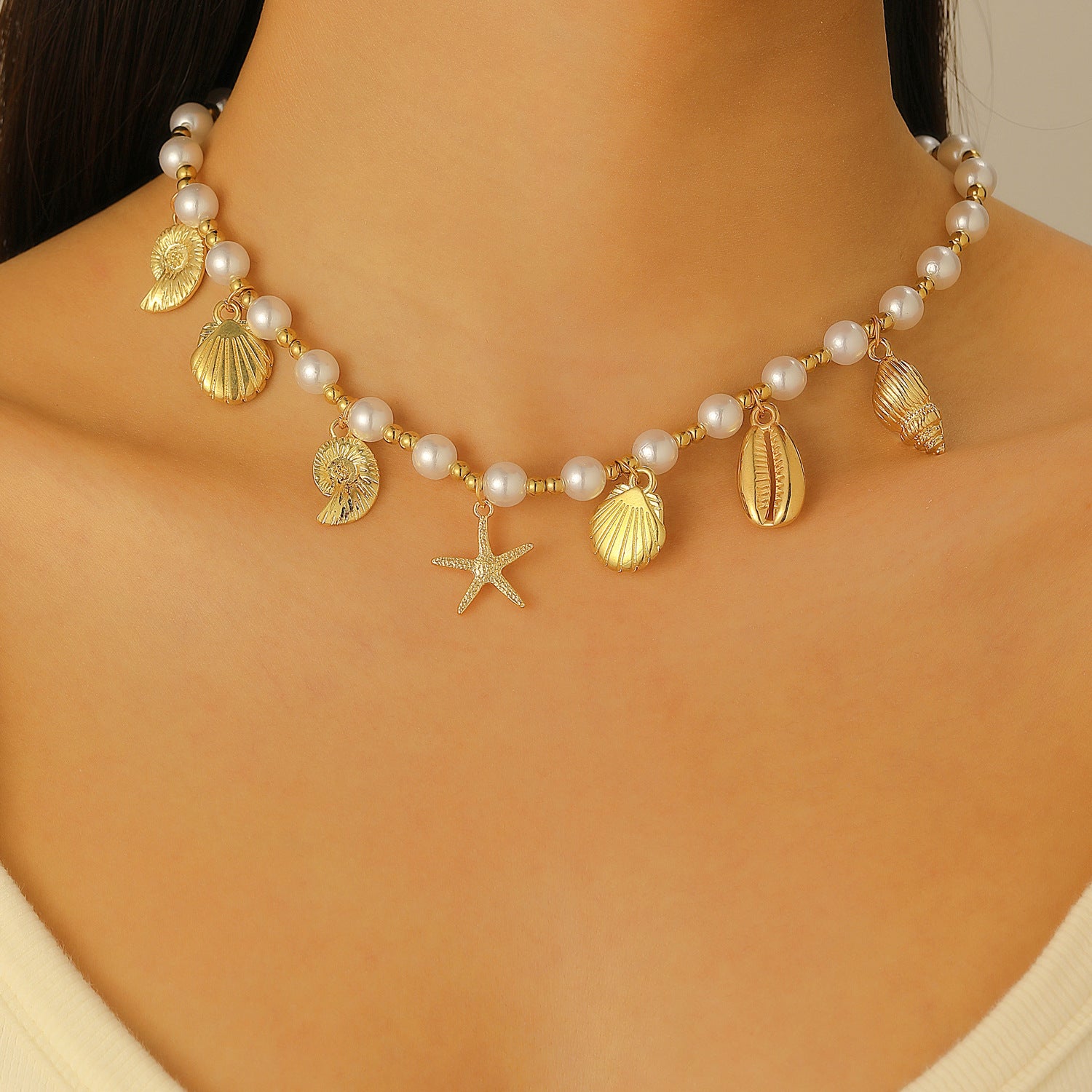 Wholesale Electroplated Alloy Bohemian Beach Shell Necklace And Bracelet Set For Women Faux Pearl Starfish Conch Fashion Accessory