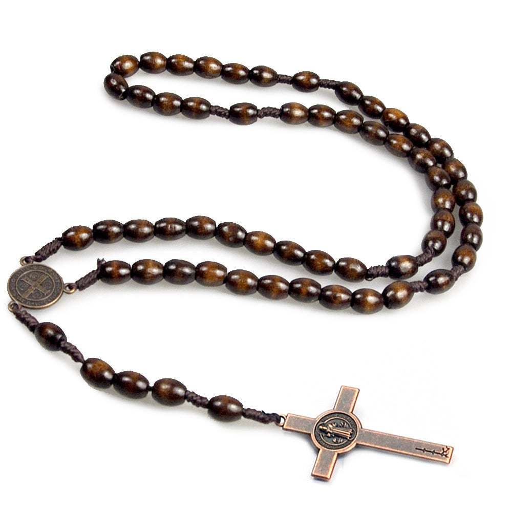 Wholesale Rosary Beads Weaving Dark Brown Rice Beads Wooden Cross Necklace