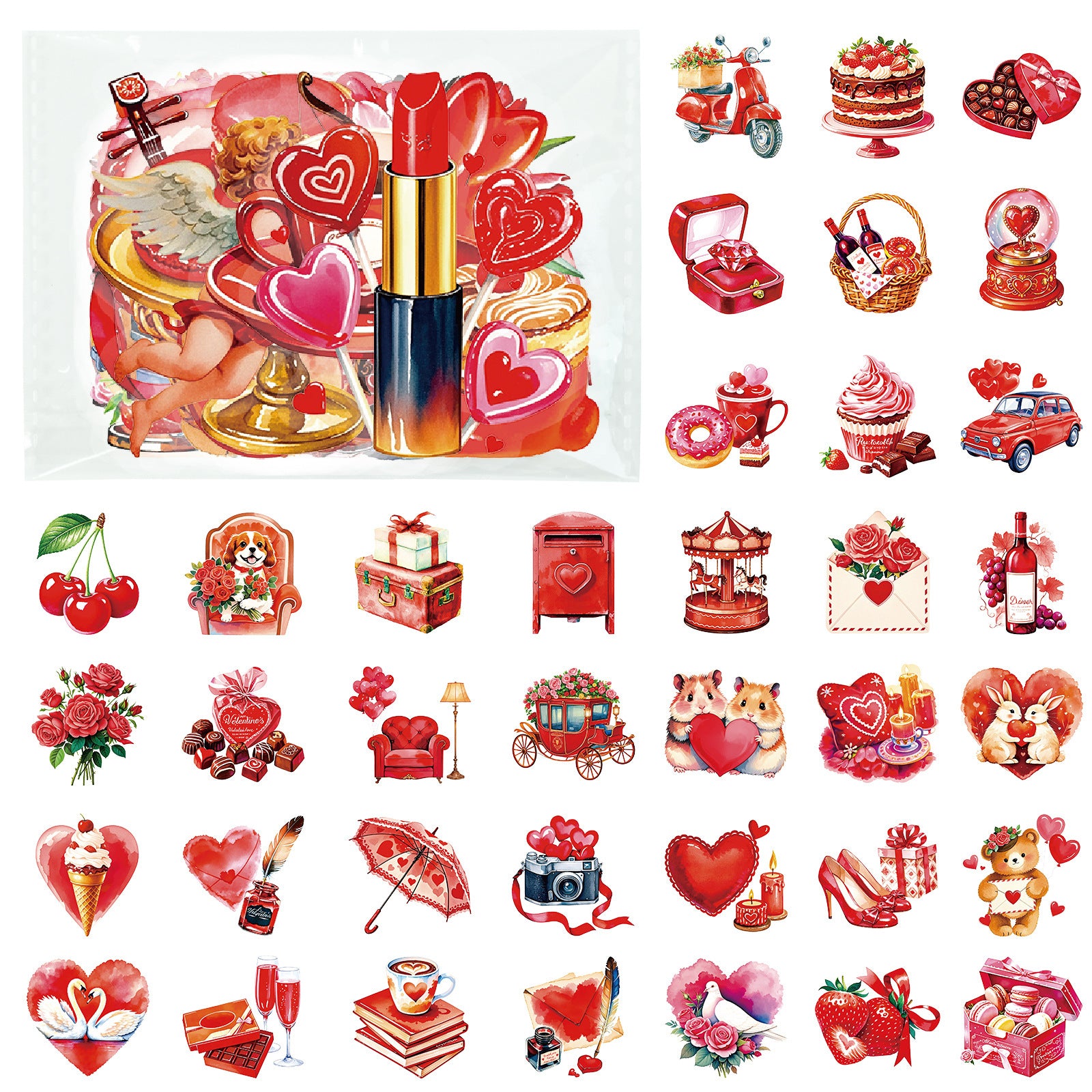 Wholesale 56pcs Red Cartoon Romantic Valentine' s Day Stickers