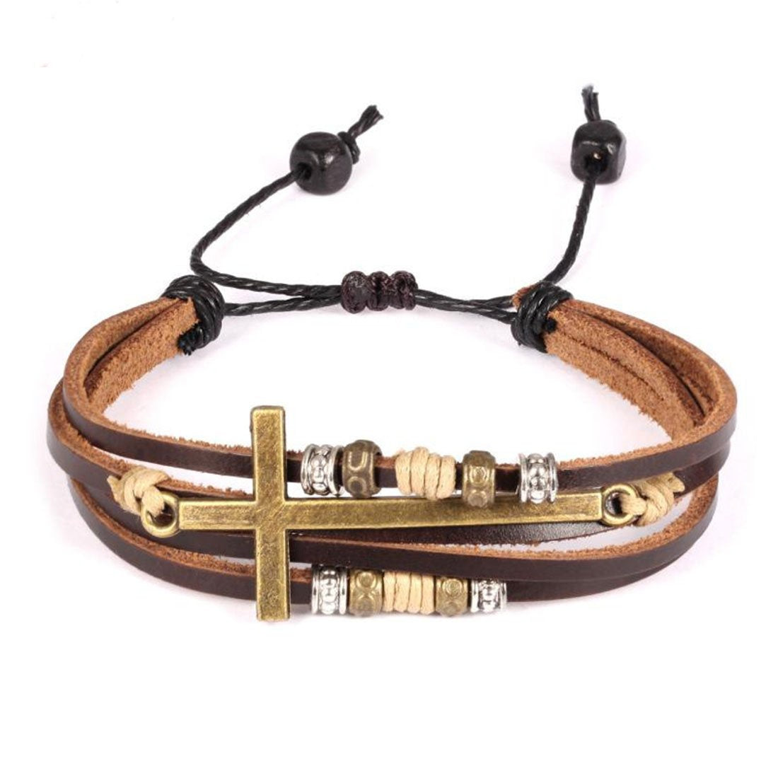 Wholesale Women's Multi-layer Braided Leather Bracelet Religious Gift Black Wooden Beads Vintage Cross Brown Leather Bracelet