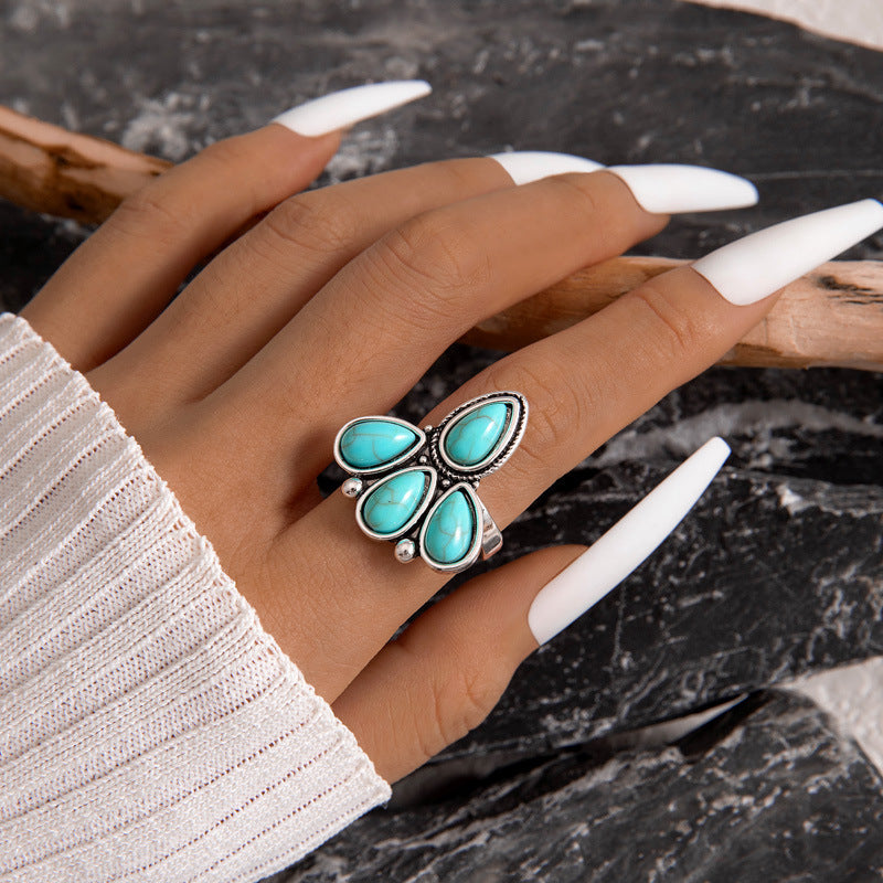 Wholesale Retro Turquoise Ring Ethnic Style Oval Cross Geometric Ring