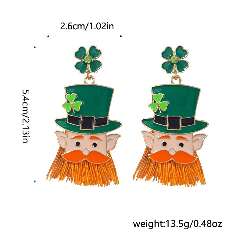 Wholesale St. Patrick's Carnival Four-leaf Clover Head Tassel Earrings Alloy Oil Drop Irish Hat Earrings