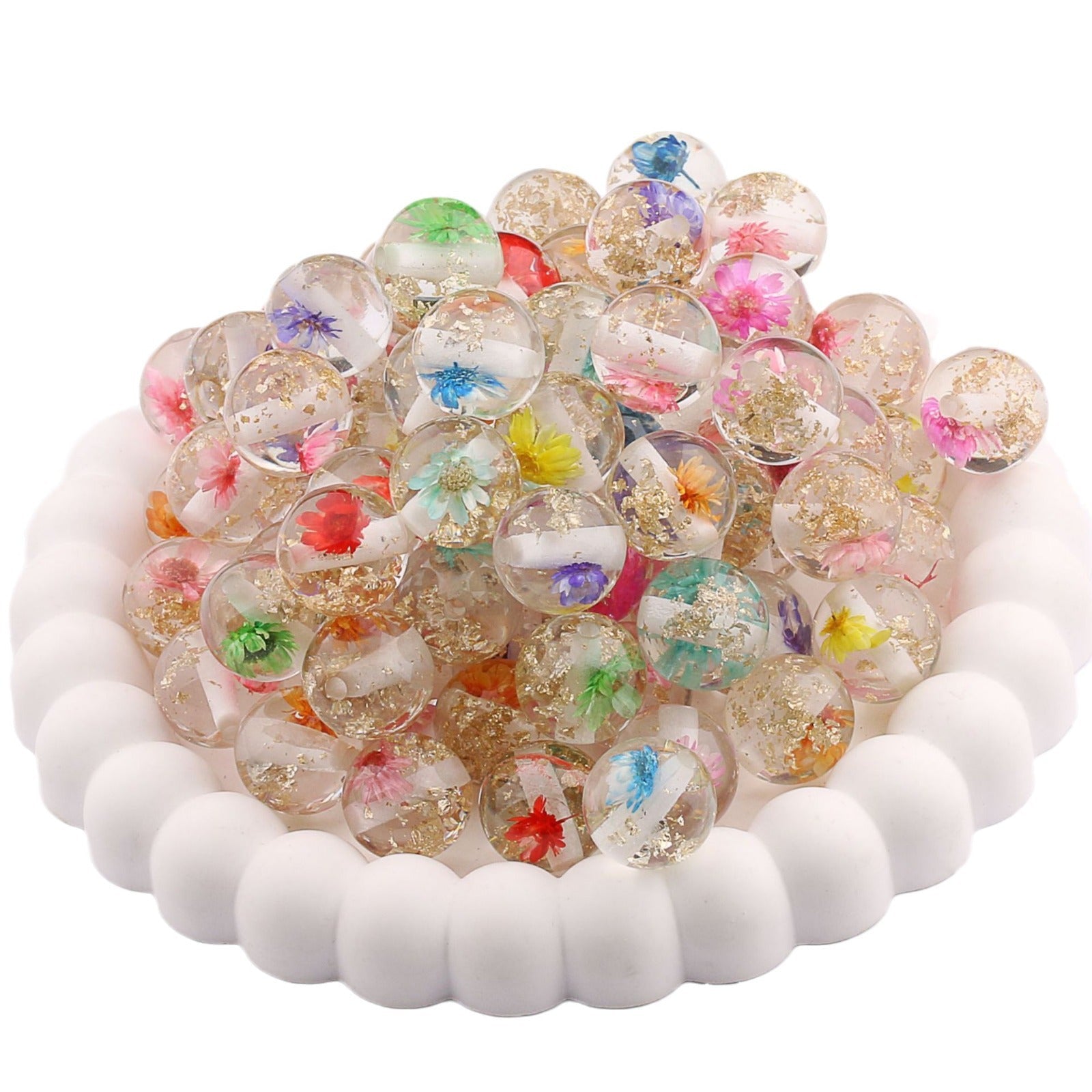 Wholesale 20PCS Dried Flower Gold Foil Resin Straight Hole Balls