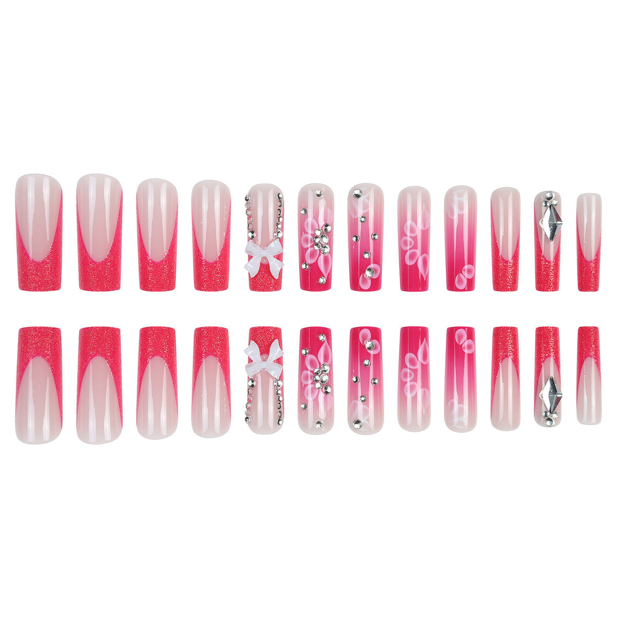 Wholesale Long French Pink Diamond Bow Dress Press-on Nails