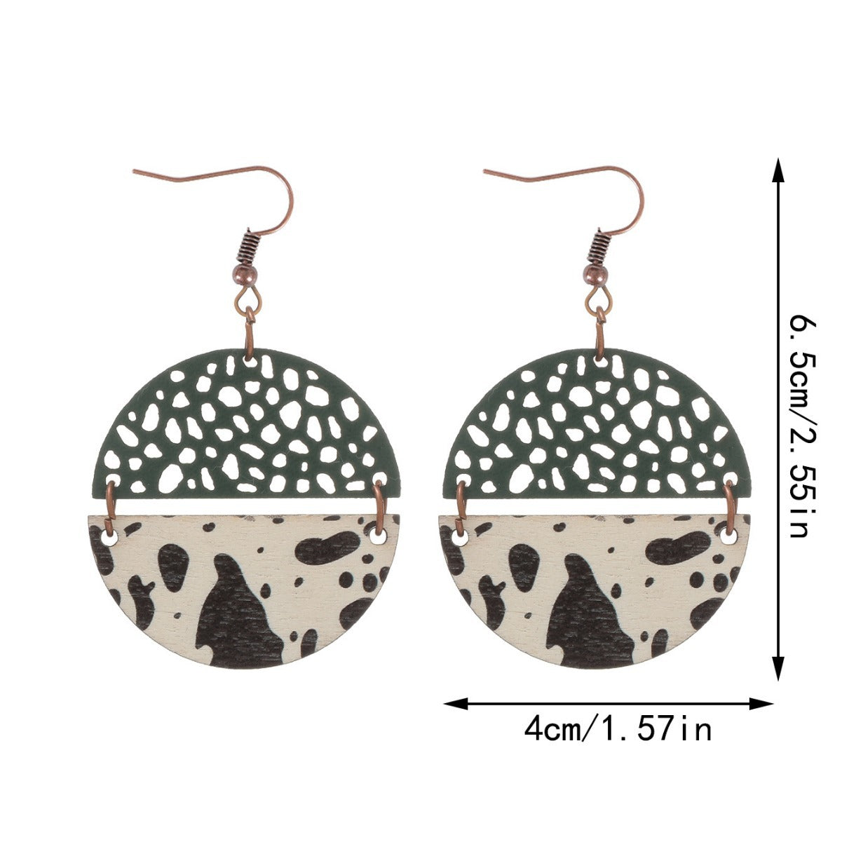 Wholesale Western Style Cow Print Leopard Print Wood Chip Leather Combination Round Earrings