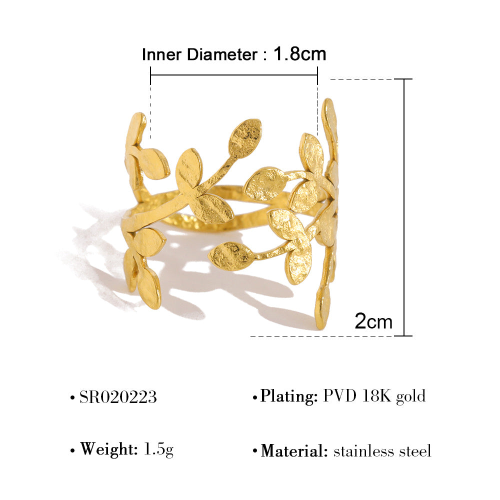 Wholesale rainbow zircon leaf ring women' s 18K gold titanium steel open ring