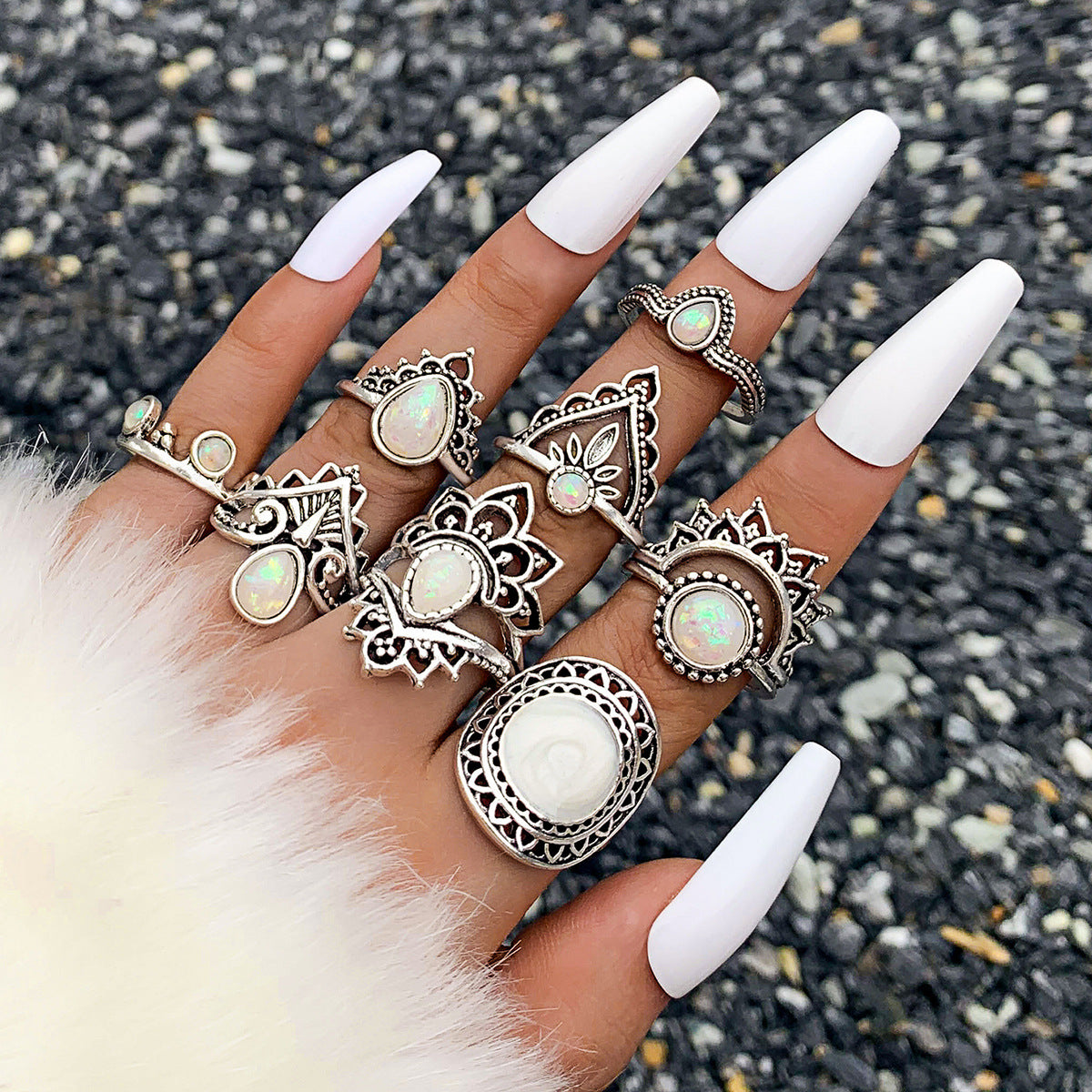 Wholesale Vintage carved sun feather cross black gemstone ring set