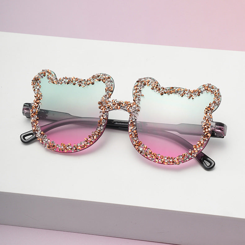 Wholesale Frameless Handmade Diamond Bear Ball Candy Color Sunglasses