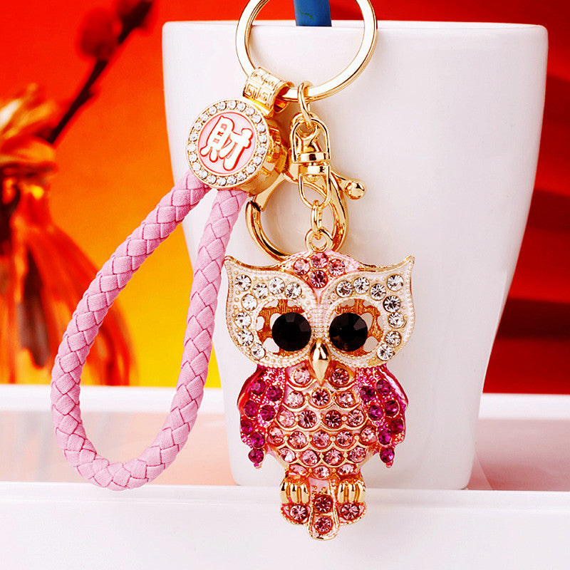 Wholesale Pink Rhinestone Owl Car Keychain Metal Key Ring Bag Charm Fashion Accessory Gift