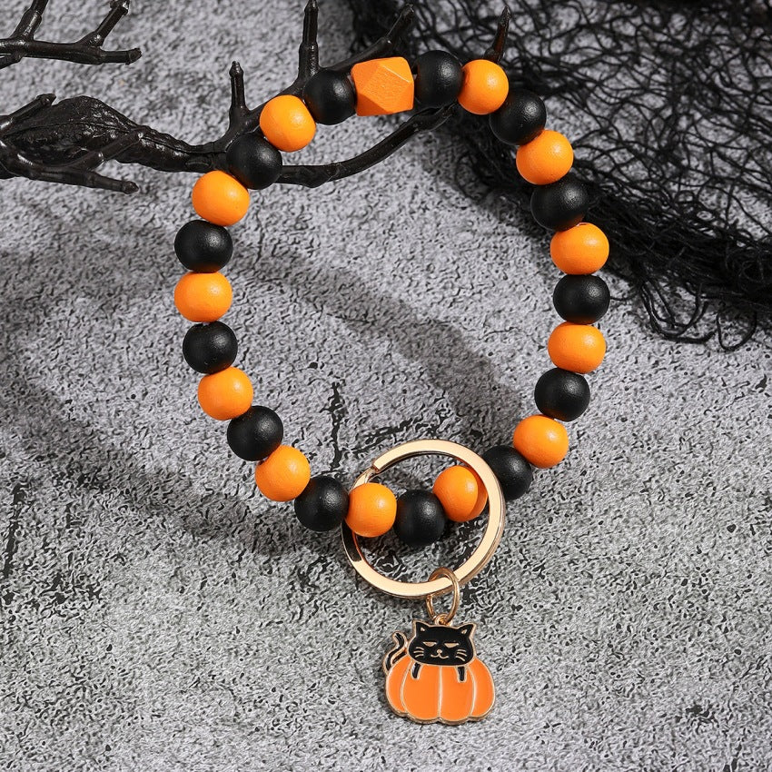 Wholesale Halloween Pumpkin Wooden Beaded Wrist Keychain