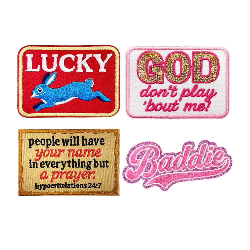 Wholesale Chic Retro Embroidered Iron On Patch Funny Text Rectangle Applique For Coats Decorative