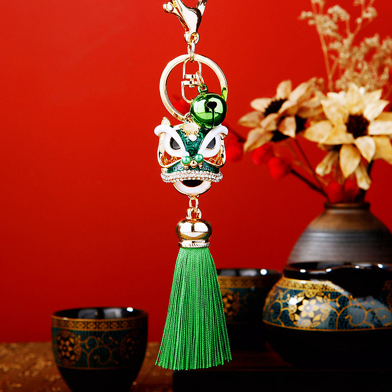 Wholesale Metal Chinese Style Lucky Lion Head Tassel Car Keychain Sapphire Blue Rhinestone Gift For Men Women