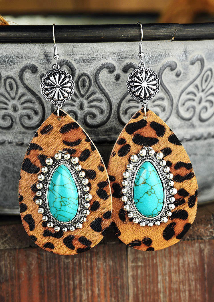 Wholesale Western Style Turquoise Water Drop Leopard Print Leopard Print Geometric Plush Earrings