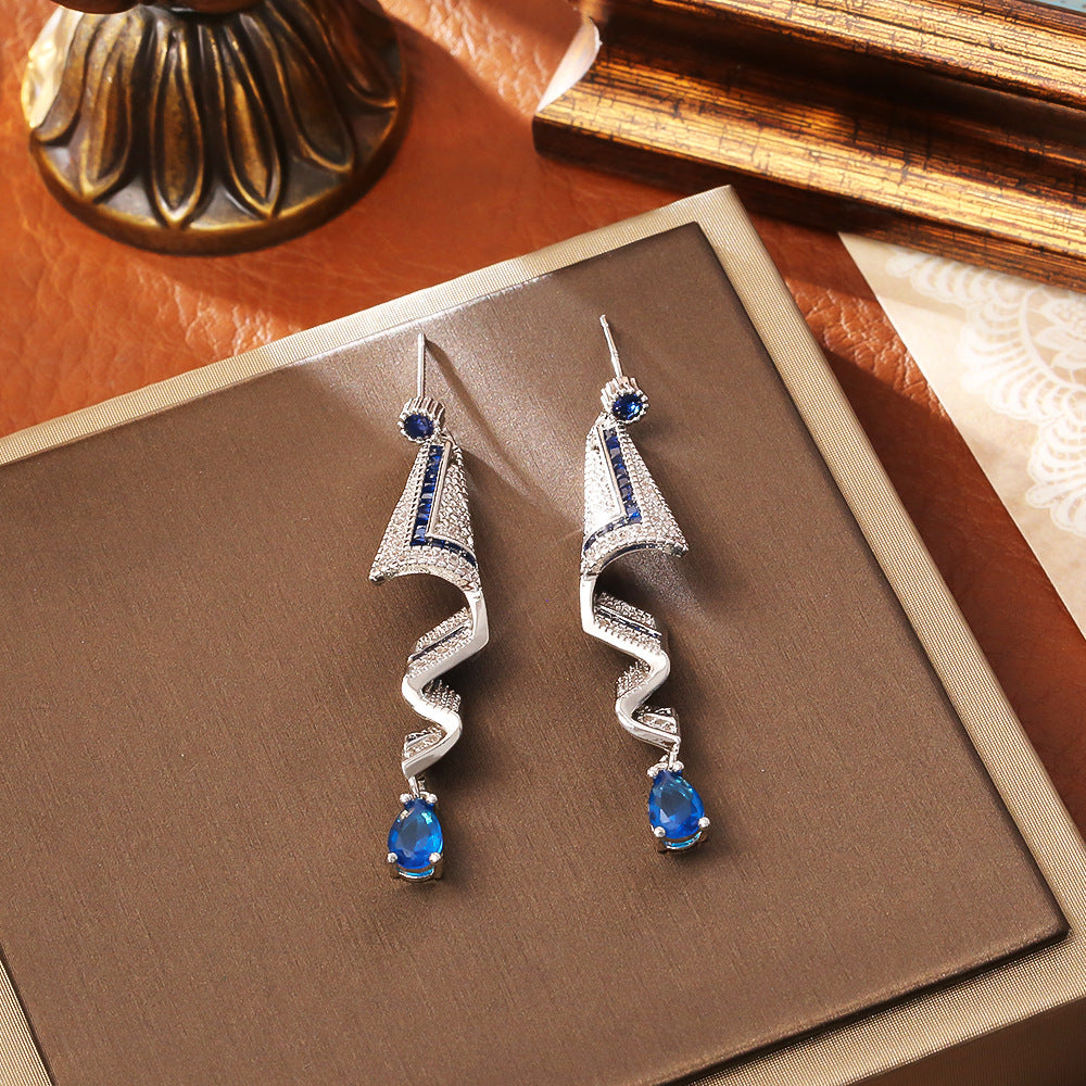 Wholesale Blue Copper Plated Gold Zircon Long Earrings
