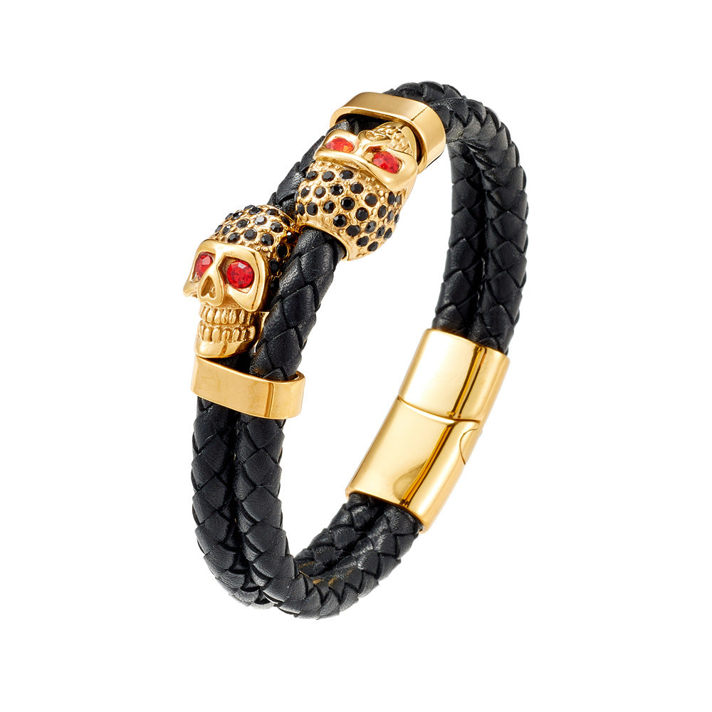 Wholesale Cowhide Stainless Steel Skull Braided Men's Bracelet