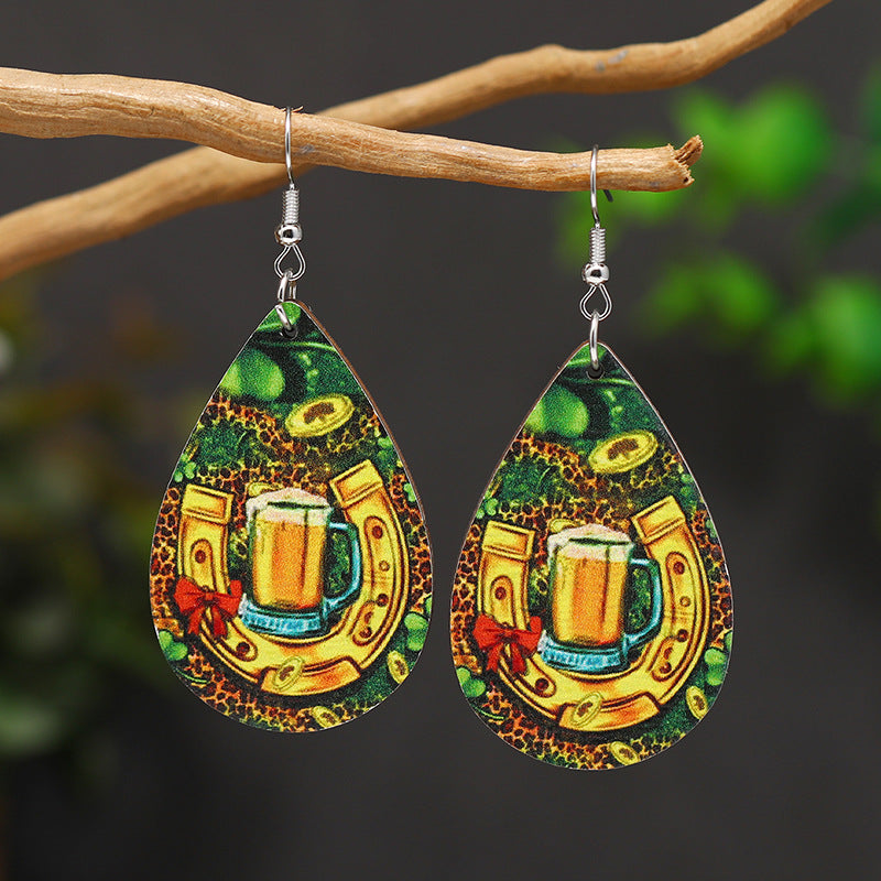 Wholesale Patrick's Day Four Leaf Clover Water Drop Wooden Earrings