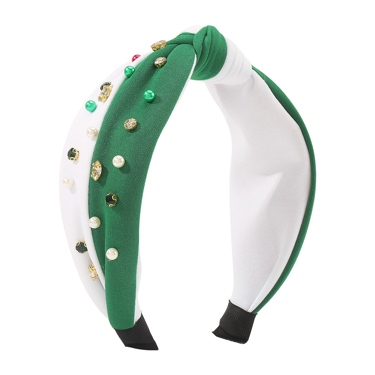Wholesale Christmas Broad Edge Diamond Beaded Contrast Color Knotted Light Fabric Headband