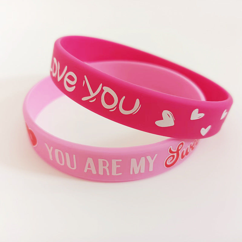 Wholesale 100pcs Happy Valentine' s Day Pink heart-shaped Rubber Bracelet