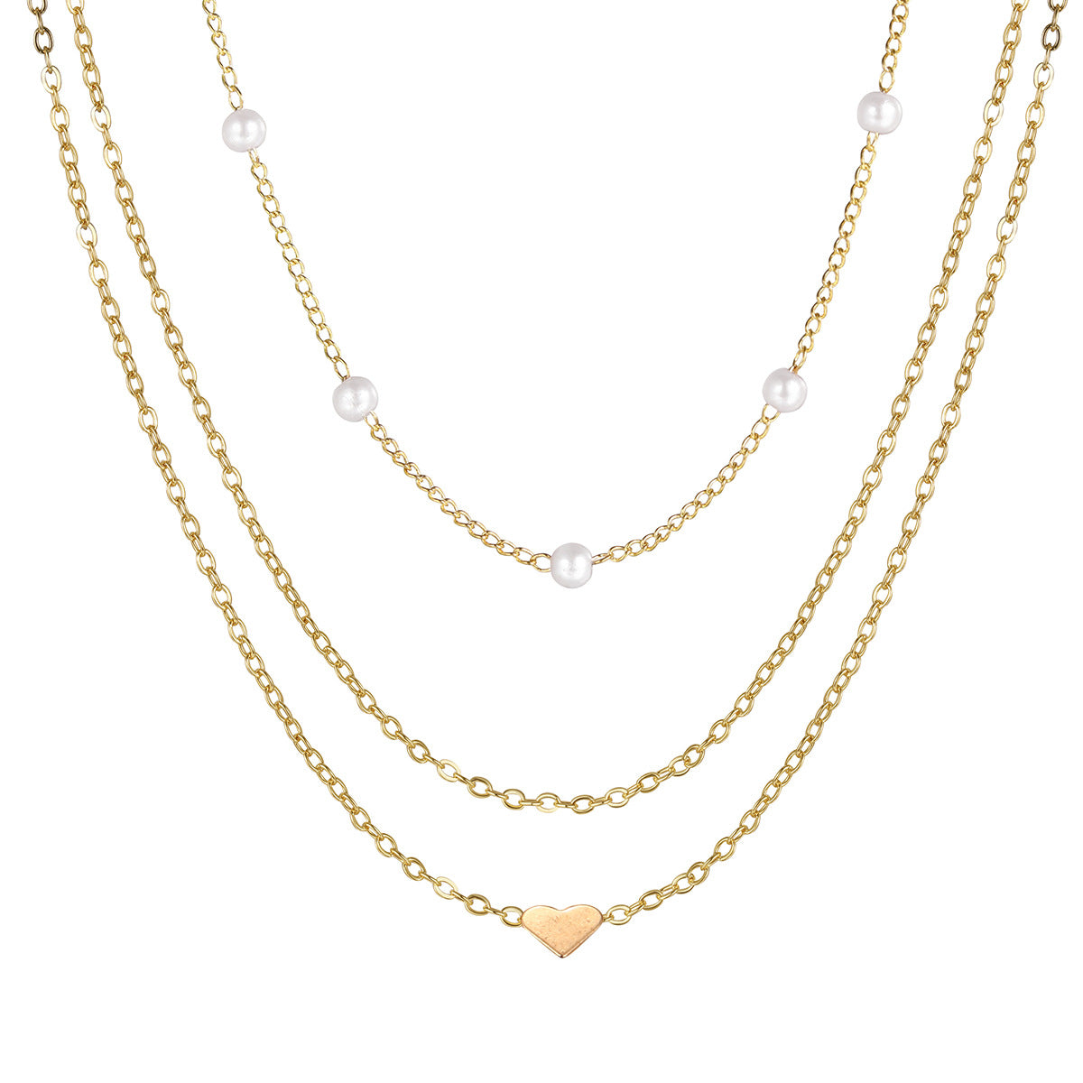 Wholesale Fashion Retro Heart Pearl Gold Multi-layer Stacking Clavicle Necklace