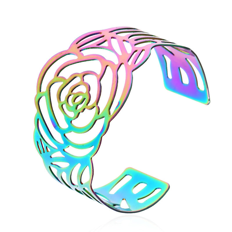 Wholesale Wide hollow metal rose open carved colorful bracelet