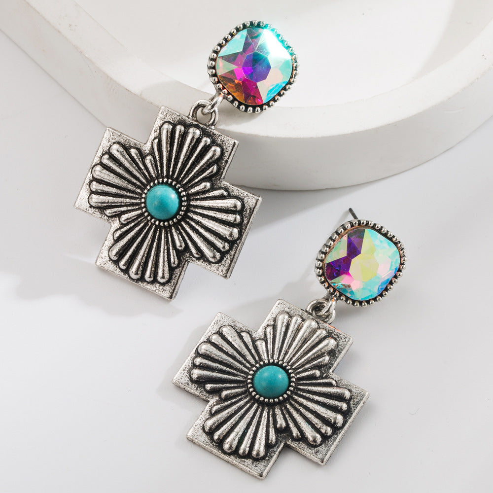 Wholesale Western style diamond turquoise drop cross retro exaggerated earrings