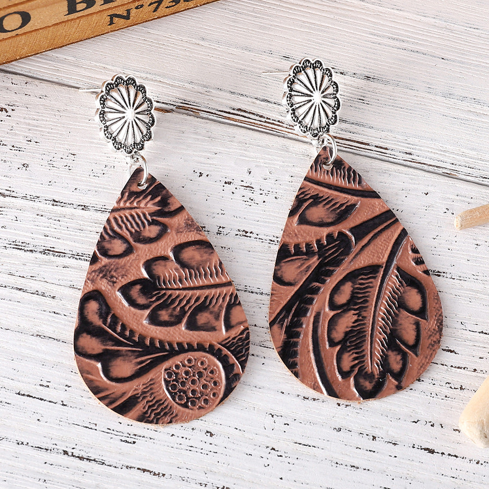 Wholesale Western Bohemian Embossed Leather Earrings