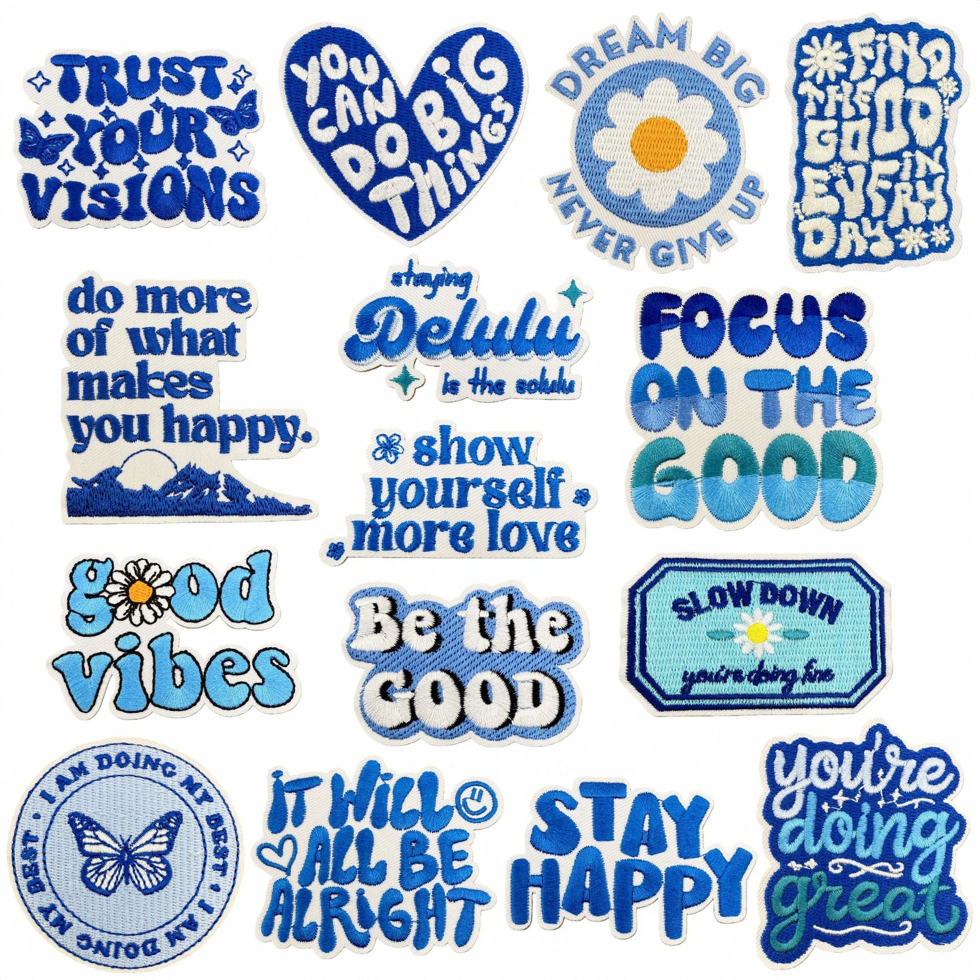 Wholesale Blue Embroidered Iron On Patch Positive Energy Saying DIY Fashion Accessory For Clothing Bags