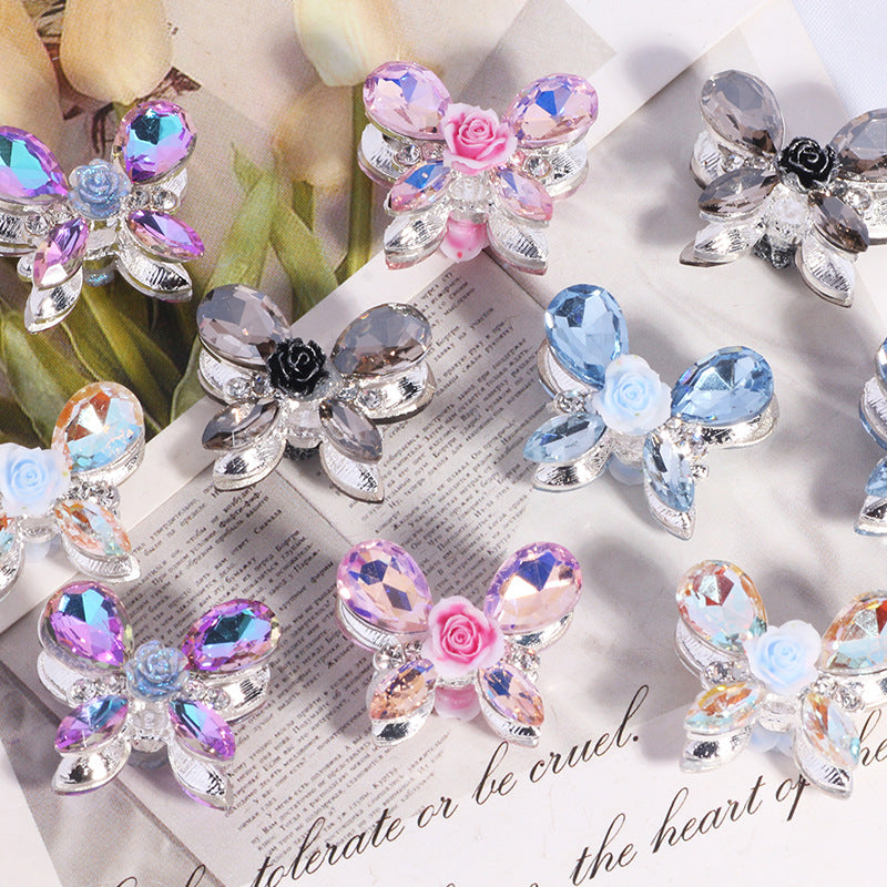 Wholesale 5pcs/pack Heavy alloy rose butterfly rhinestone beads straight hole beads DIY