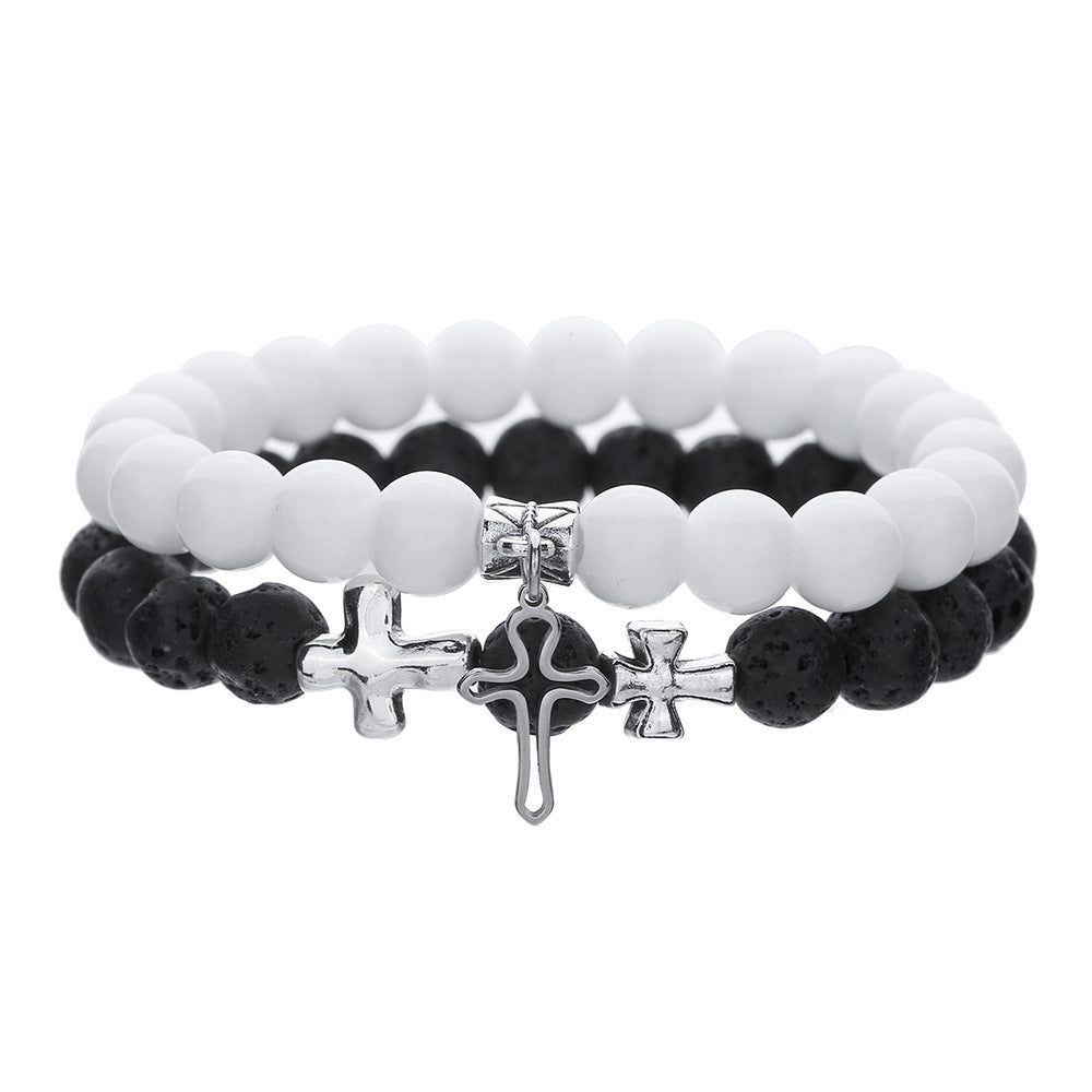 Wholesale Cross Pendant Black Onyx Imitation Pearl Beaded Bracelet