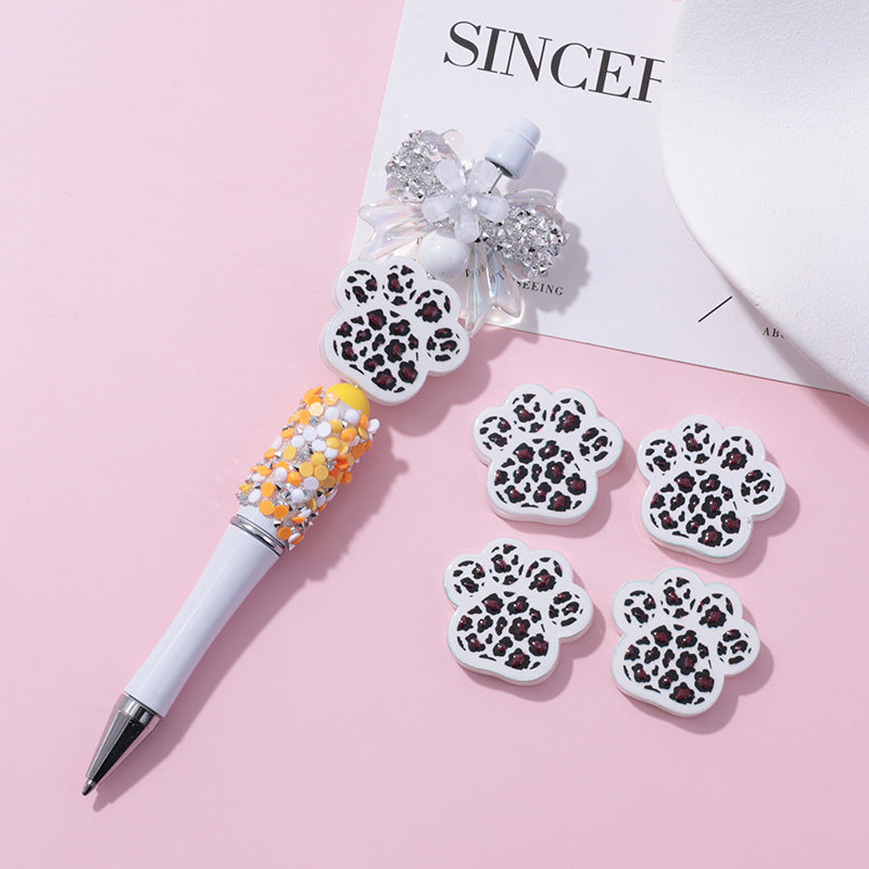 Wholesale 10pcs beaded pen with UV embossed leopard print cat paw loose beads