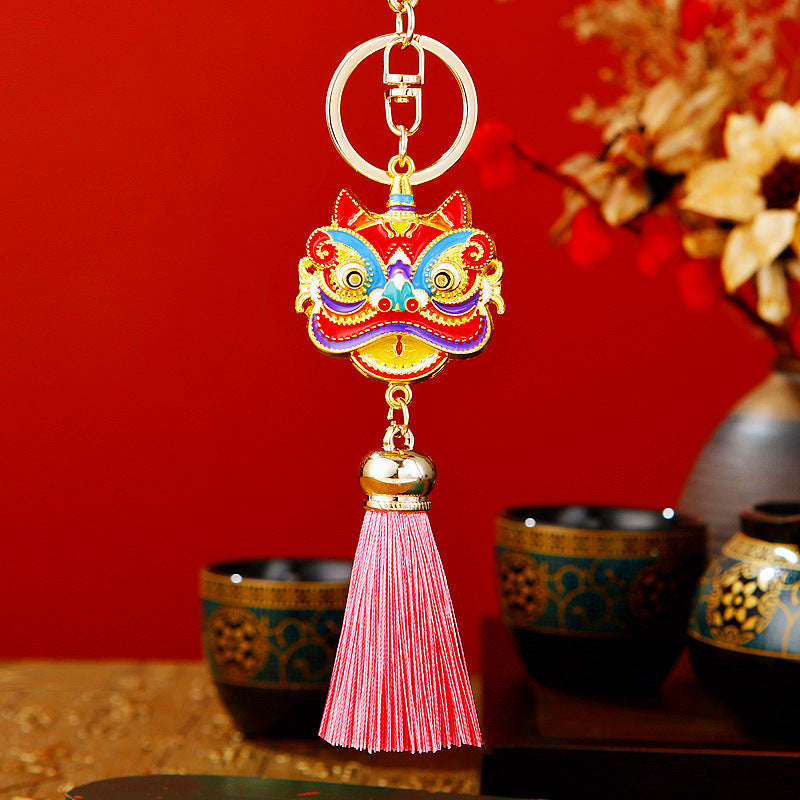 Wholesale Metal Chinese Style Lucky Lion Head Tassel Car Keychain Sapphire Blue Rhinestone Gift For Men Women