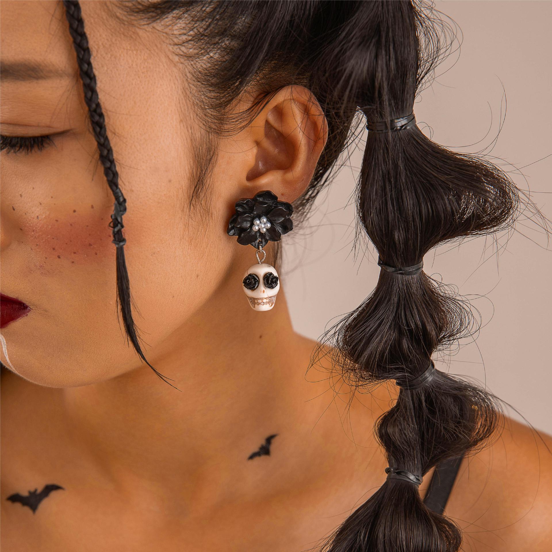 Wholesale Dark Skull Black Camellia Earrings  Funny Fun Earrings Earrings Women