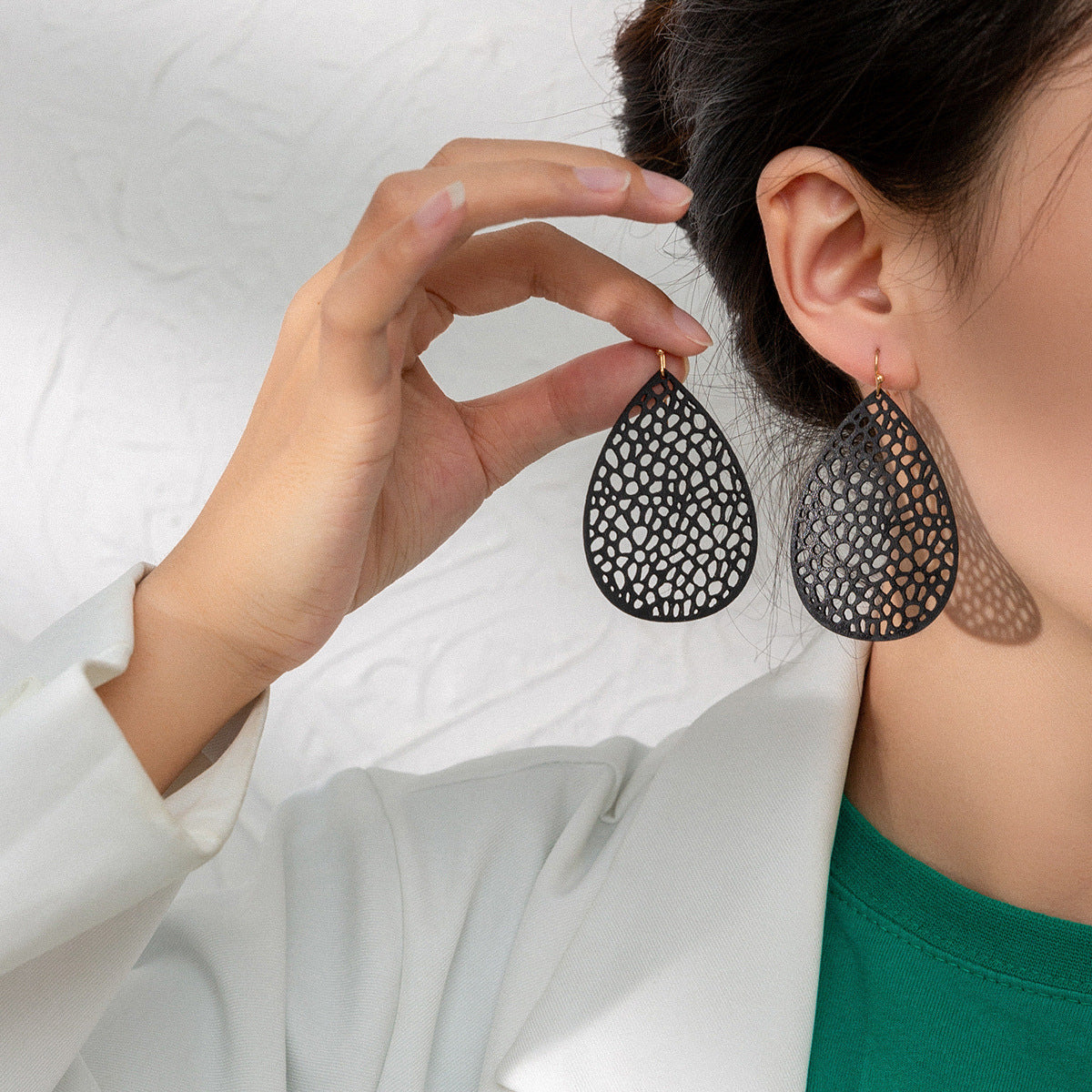 Wholesale Leather Hollow Mesh Non-standard Water Drop Earrings