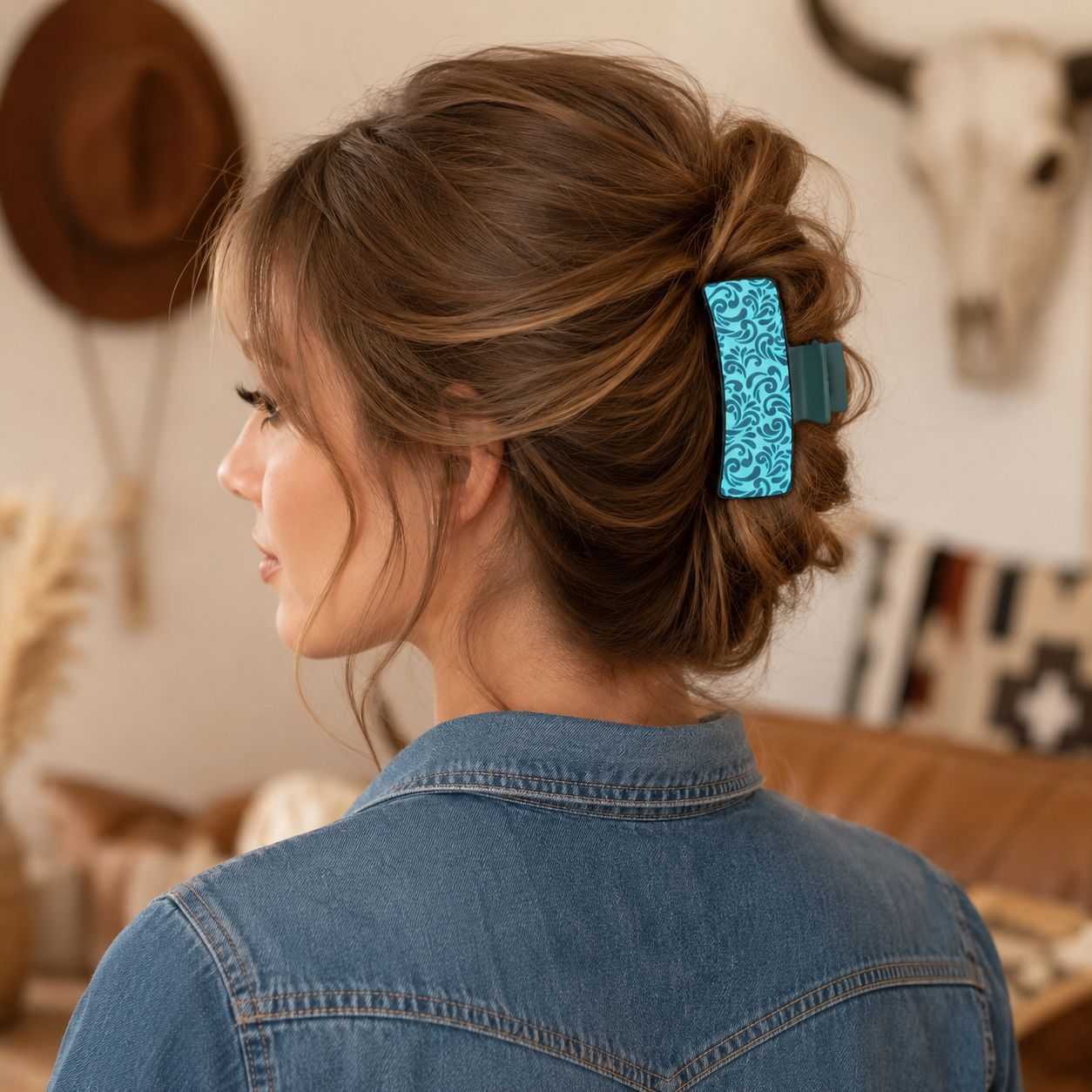 Wholesale Cowboy Style Blue Green Printed Shark Hair Claw Clip For Women Large Plastic Hair Clip Gift