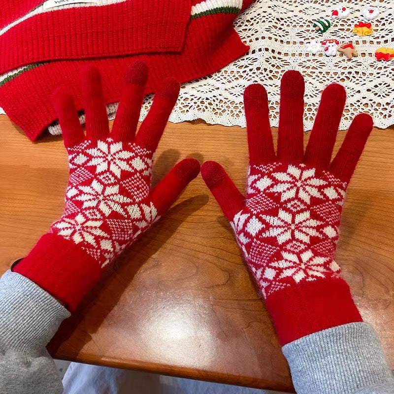 Wholesale All-match Red Knitted Five-finger Thick Warm Cycling Writing Touch Screen Wool Gloves