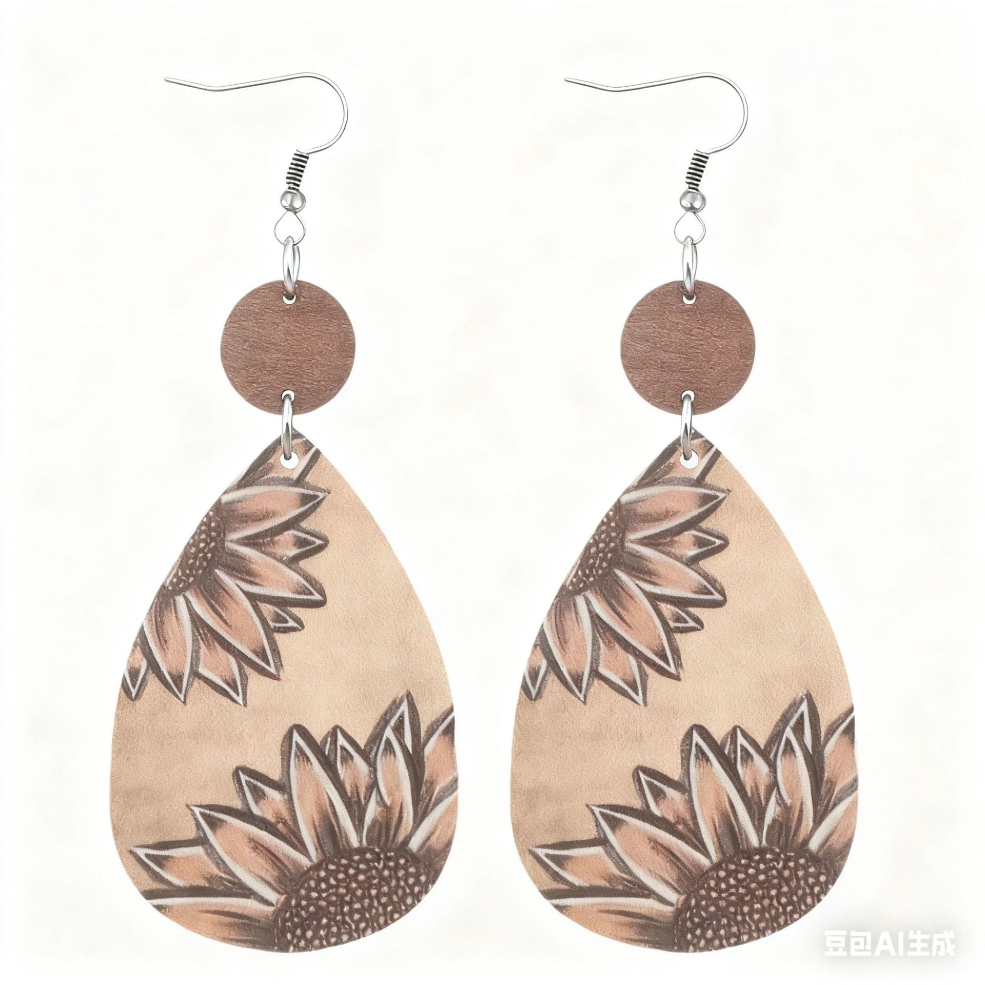Wholesale Lightweight Retro Wooden Sunflower Cow Print Earrings Trendy Western Farm Style Jewelry Accessory Gift