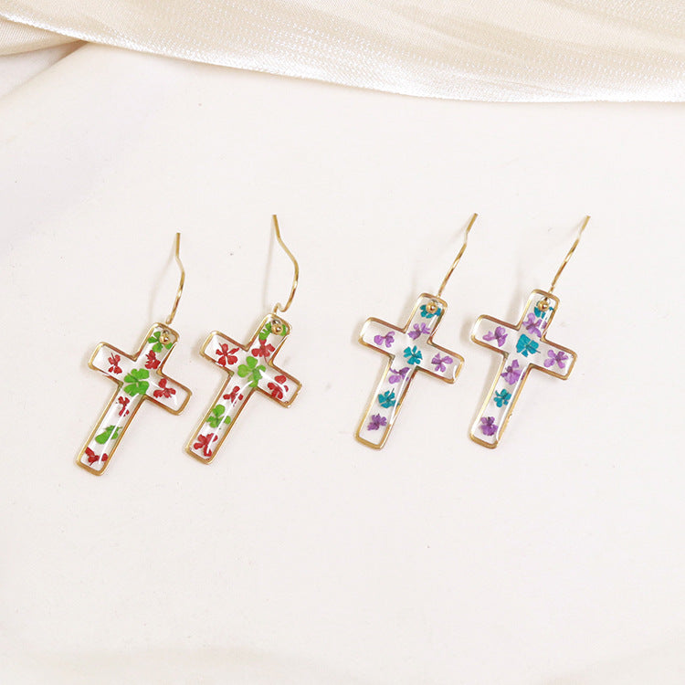 Wholesale 6pcs Resin Natural Dried Flower Cross Earrings