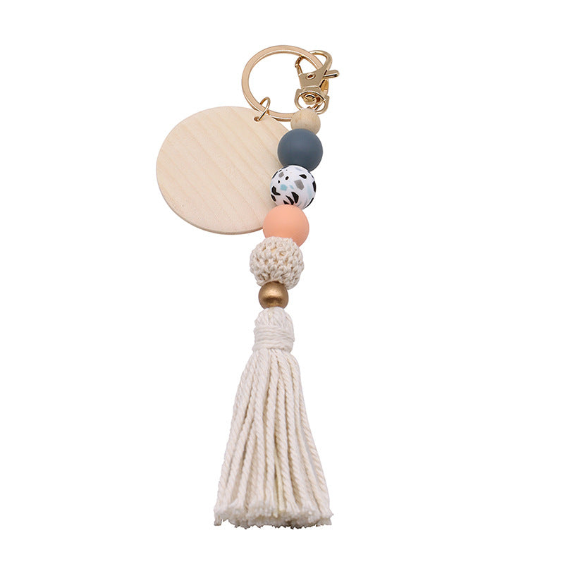 Wholesale Round Wood Chips Strung Tassel Keychain