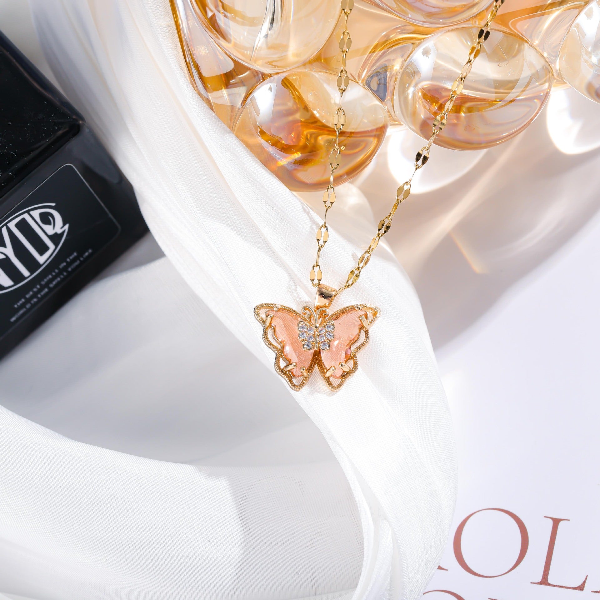 Wholesale Copper Gold Plated Micropaved Color Crystal Butterfly Titanium Steel Necklace
