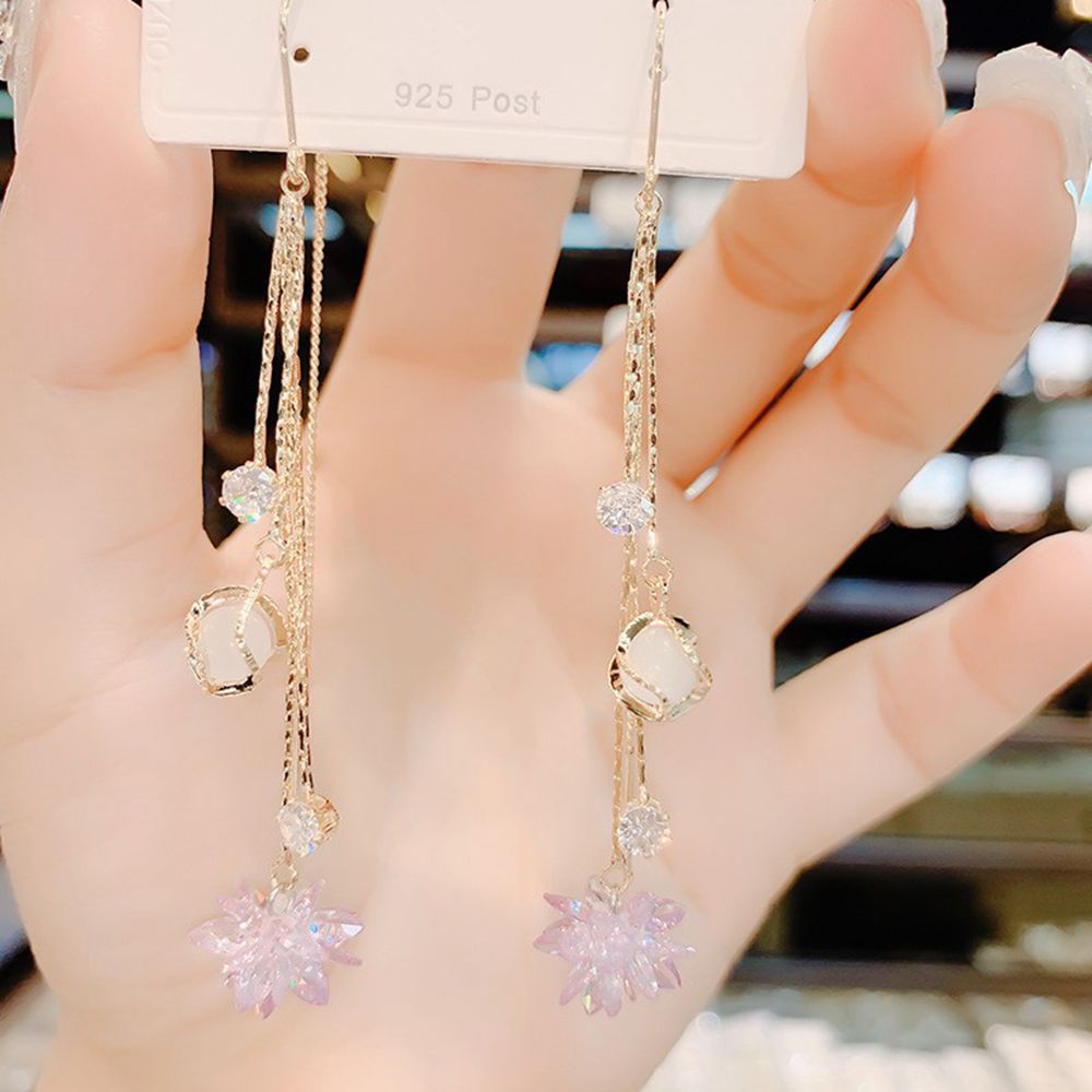 Wholesale S925 Silver Needle Ice Flower Crystal Cat's Eye Stone Tassel Earrings