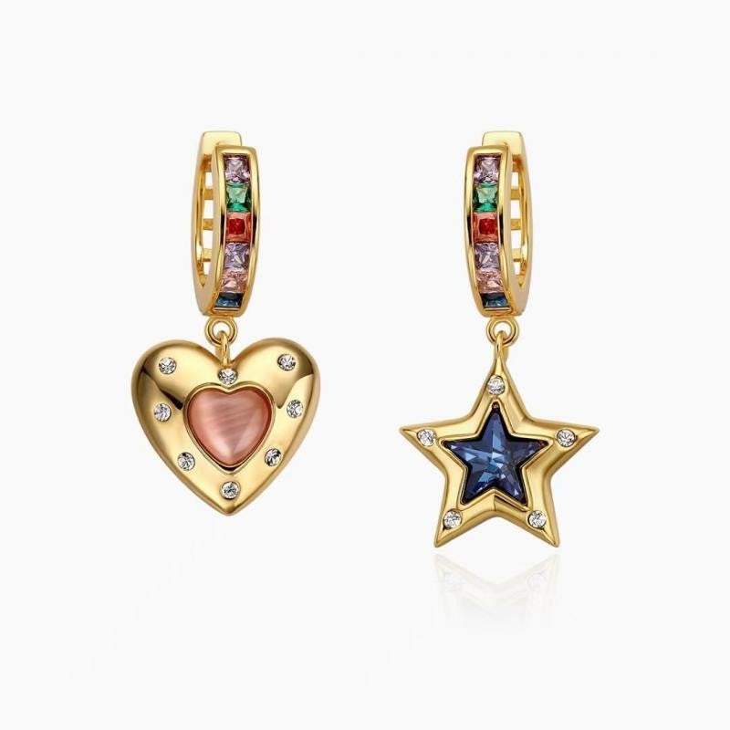 Wholesale Valentine' s Day colored stone heart-shaped asymmetric star earrings