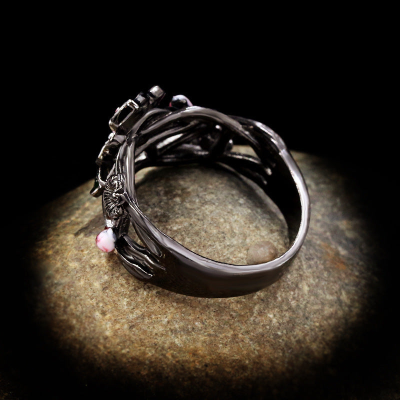 Wholesale Gothic style black gold-plated two-tone flower ring